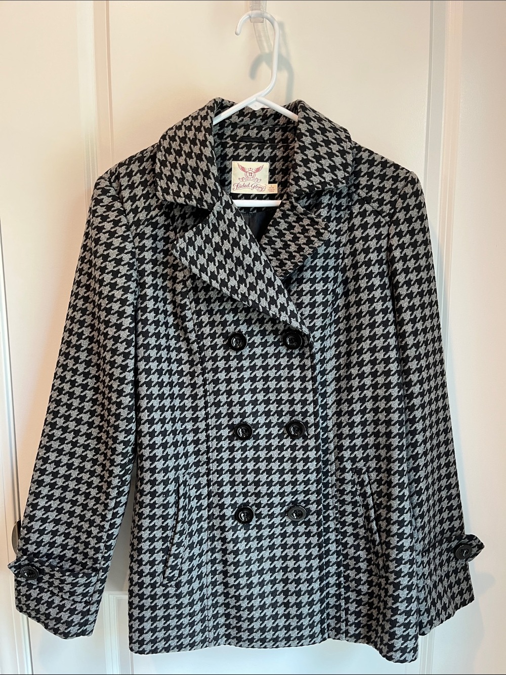 Faded Glory Black & White Houndstooth Double-Breasted Peacoat